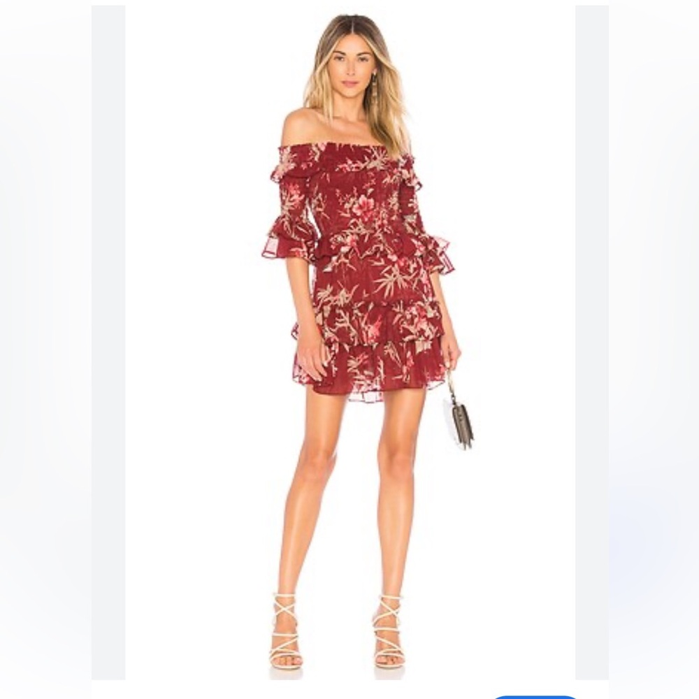 Misa Los Angeles Rima Maroon Floral Off Shoulder Gorgeous Ruffle Dress Medium